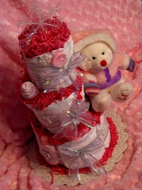 Christmas Baby Diaper Cake for a girl, Baby Shower Centerpiece, Christmas Baby Gift