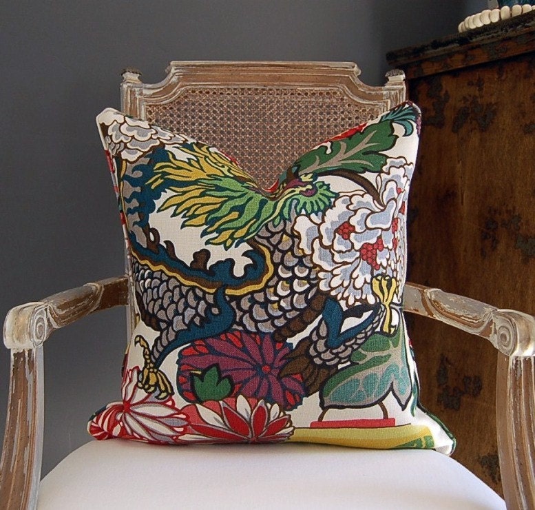 Schumacher Chiang Mai Dragon - 20 sq -  Alabaster Dragon on the front face of the pillow