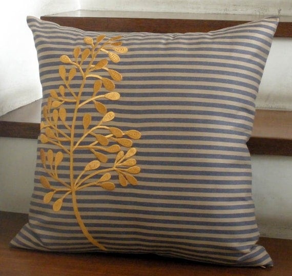 Gold Fern Leaves Throw Pillow Cover - 18" x 18" Cotton  Decorative Pillow Cover - Stripe Cotton with Gold Leaves Embroidery