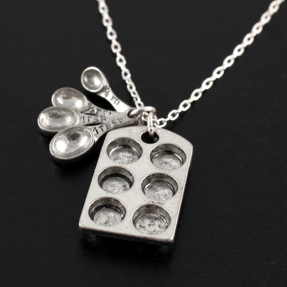 THE BAKERS NECKLACE   Cupcake Muffin Pan and Tiny Measuring Spoons on Sterling Silver Chain
