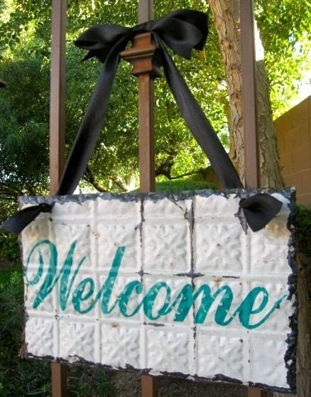 WELCOME Sign made with Antique Ceiling Tin Tile / Architectural Salvage Home Decor