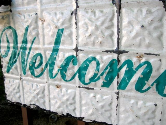 WELCOME Sign made with Antique Ceiling Tin Tile / Architectural Salvage Home Decor