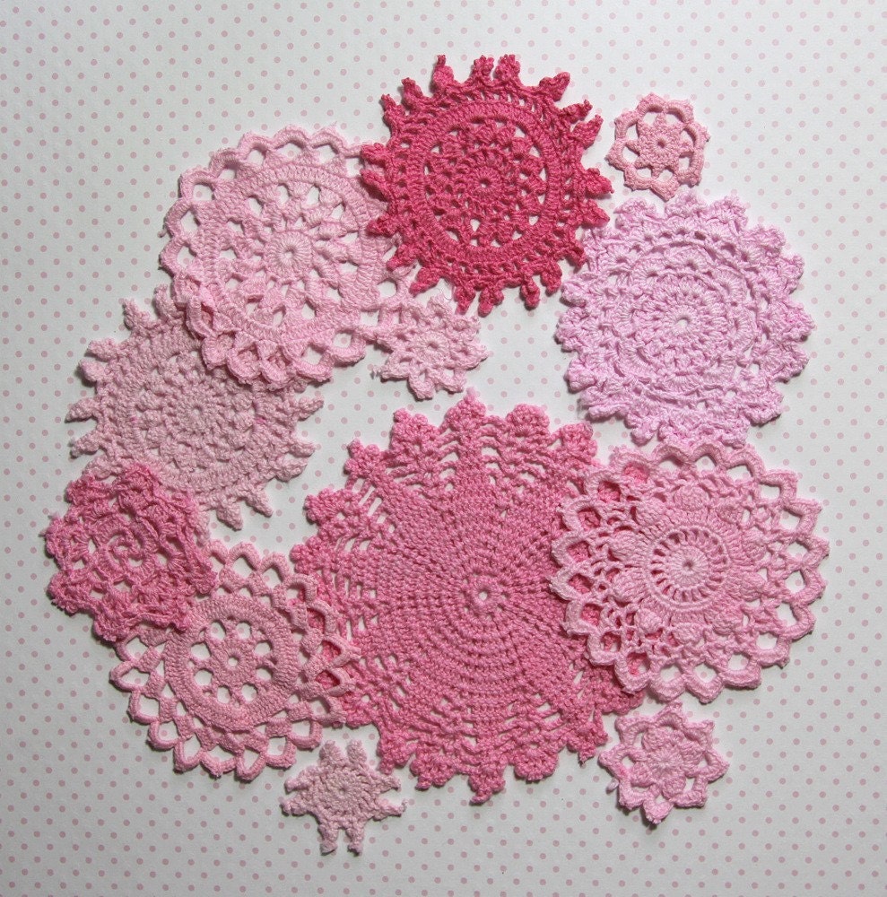 Hand dyed vintage crochet doilies. Pink collection.