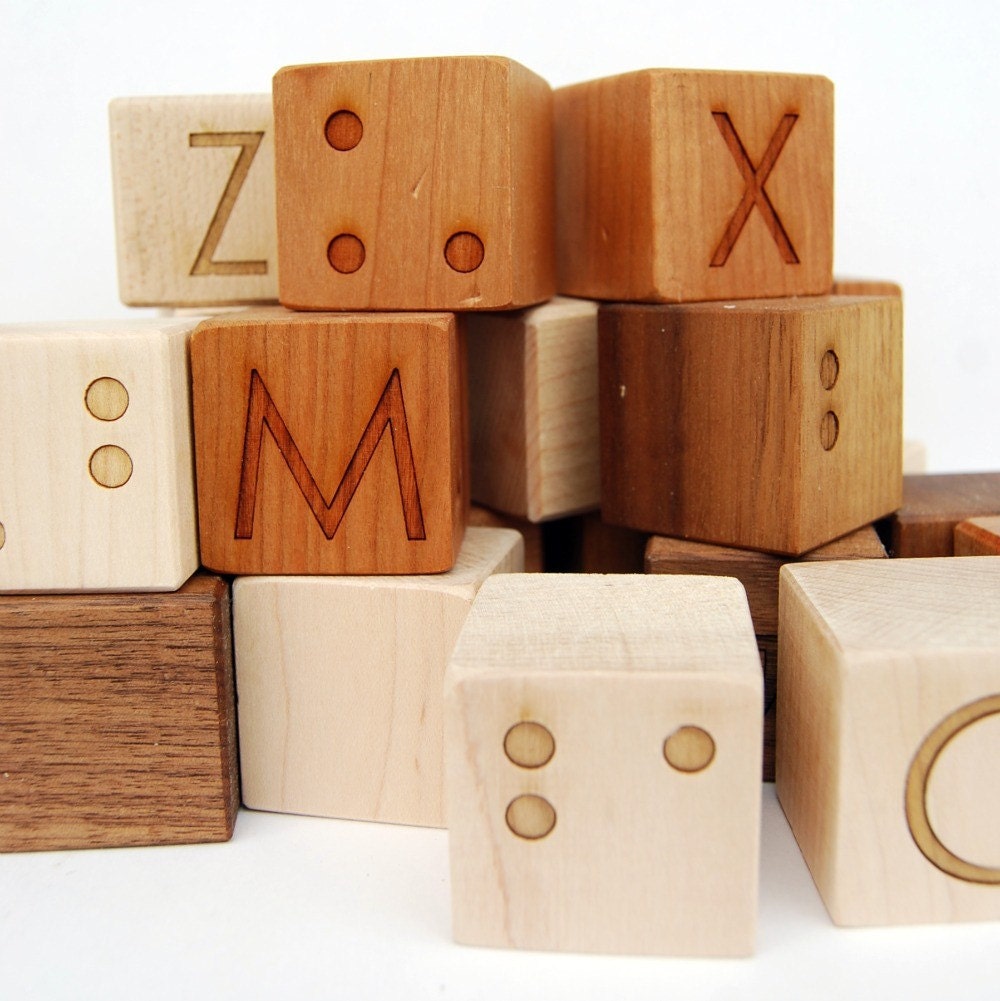 organic BRAILLE ALPHABET BLOCKS - 26 piece naturally colorful wooden Walnut, Cherry and Maple set
