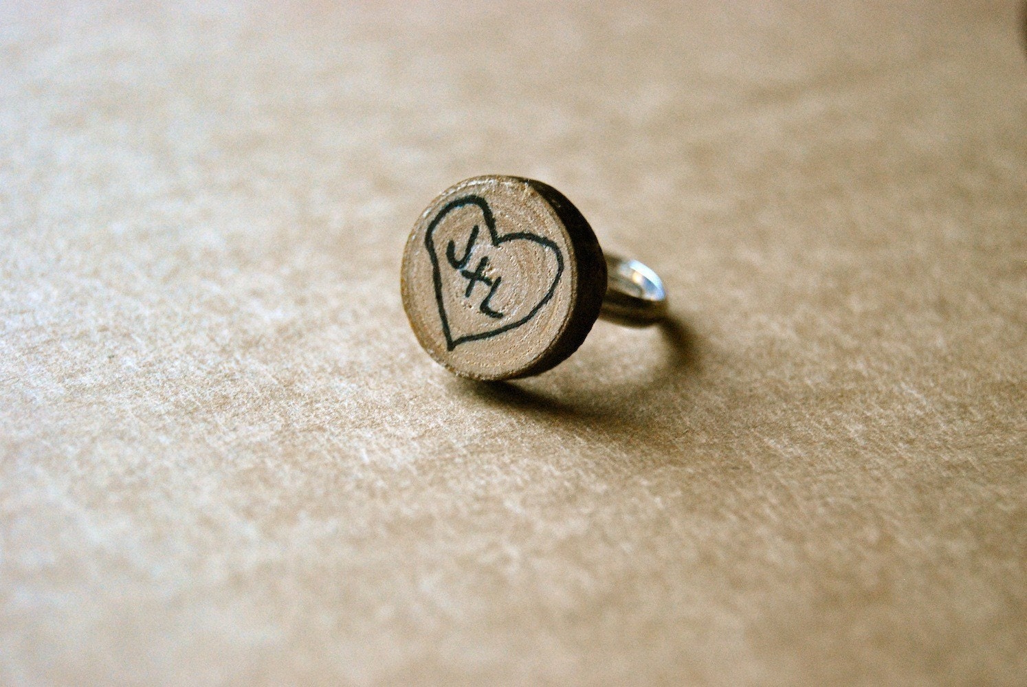 personalized wood tree trunk heart ring