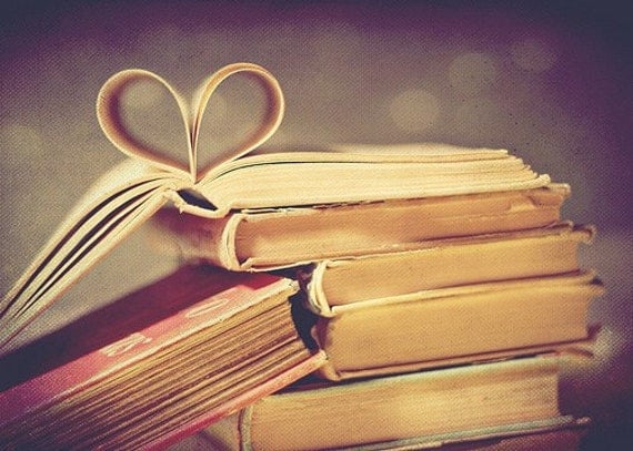 vintage book love - 5x7 fine art print - pages folded in heart shape