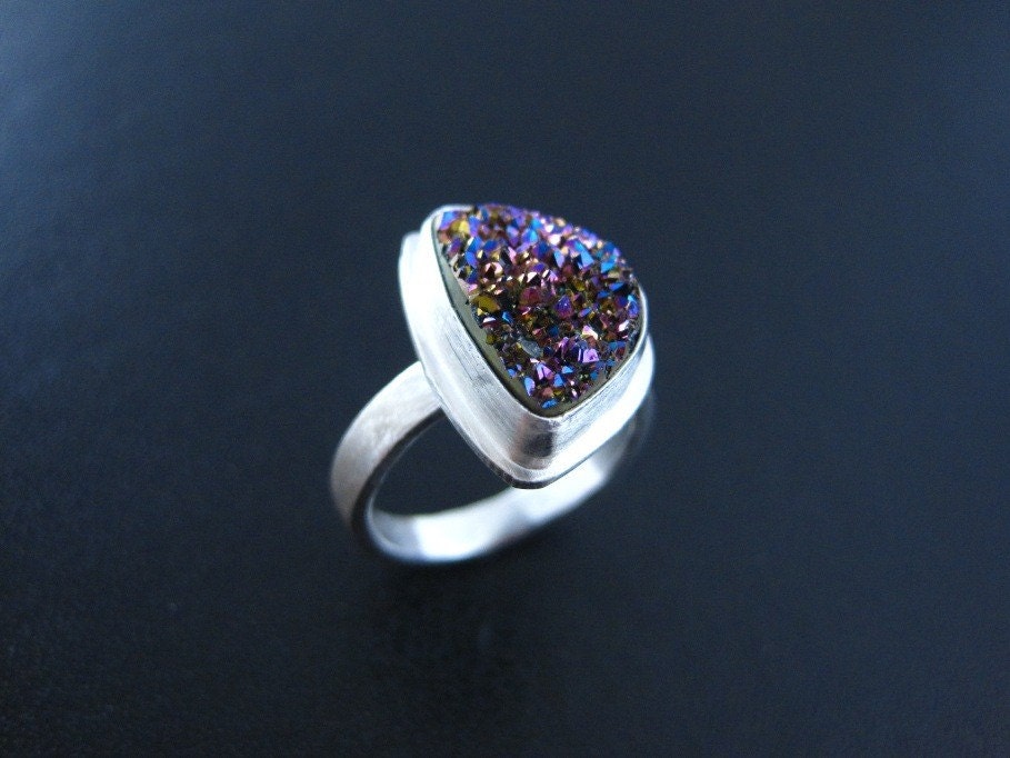 Peacock Drusy Ring - Size 7 and quarter - Sterling Silver