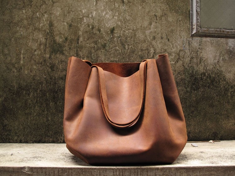 Hand-stitched Brown Leather Double Strapped Shoulder Bag