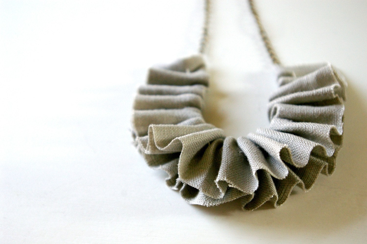 linen ruffle necklace in grey. antique bronze chain.