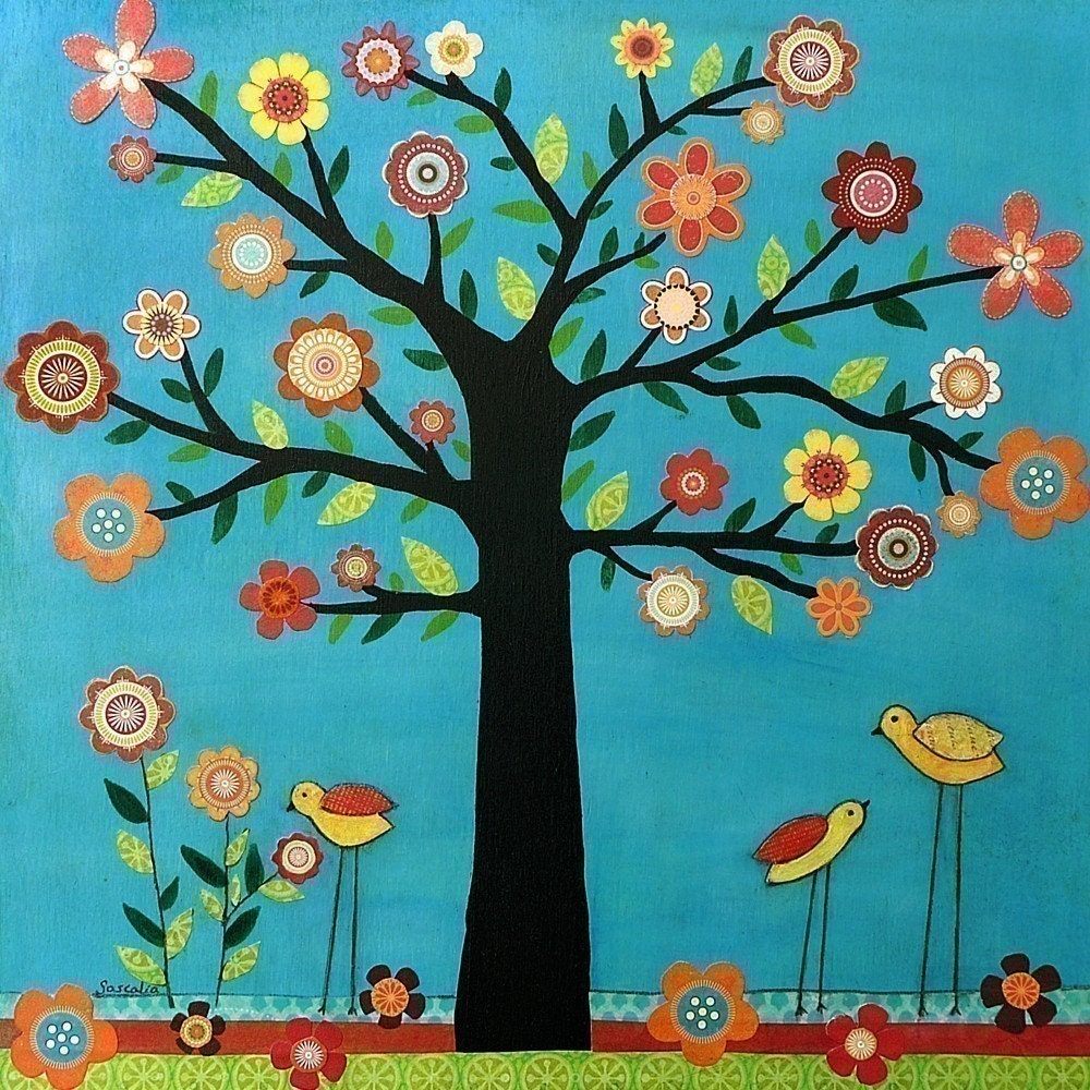 Sunshine - Retro Flower Bird Tree Painting Art Print on Wood