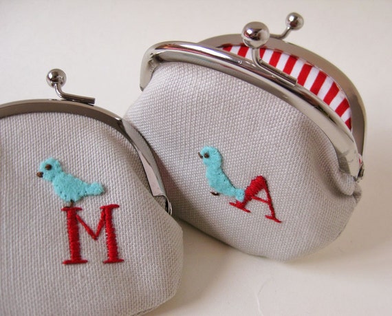 Personalized coin purse/mini pouch - initial and blue bird