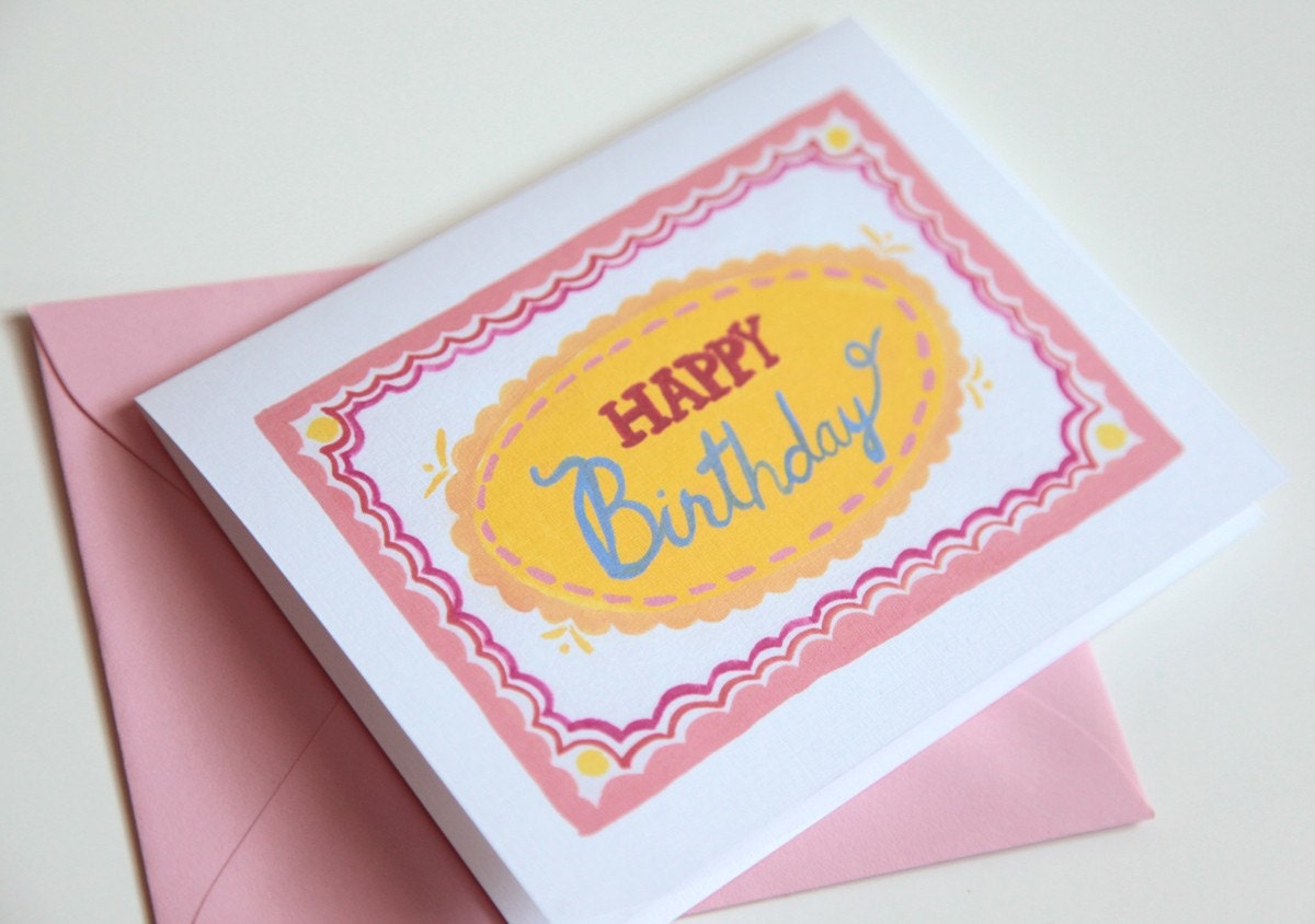 pretty in pink, illustrated birthday greeting card