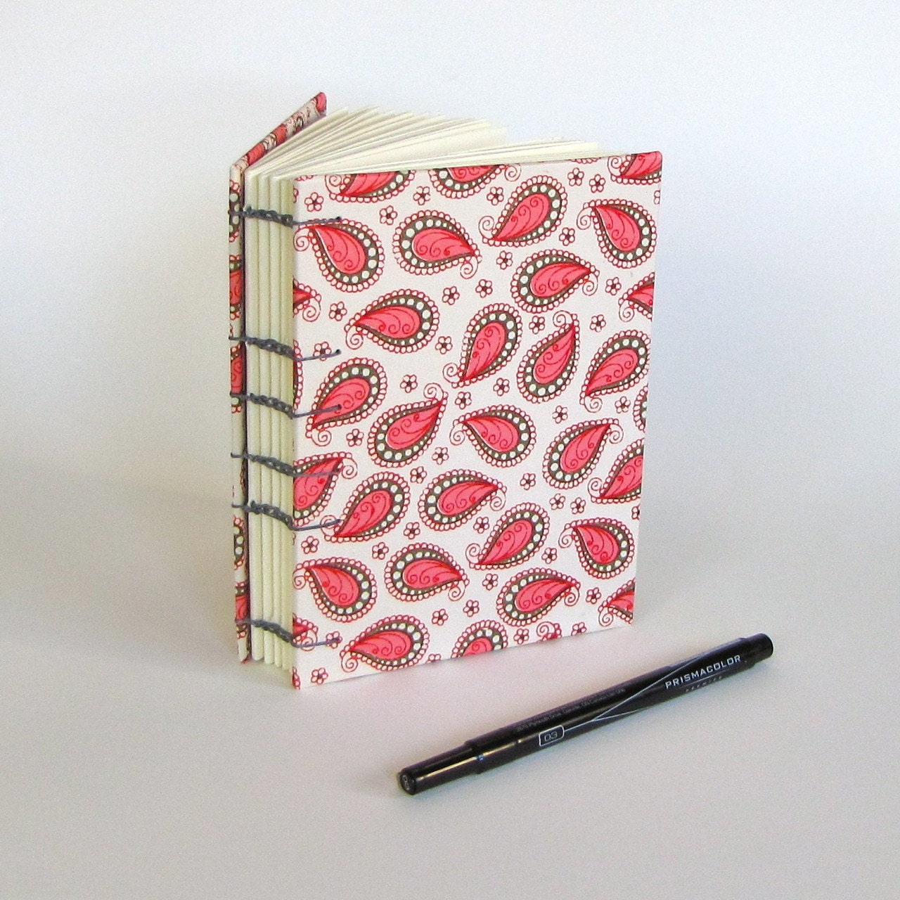 Pink Paisley on Ivory with Charcoal Binding Small Journal- Ready to Ship
