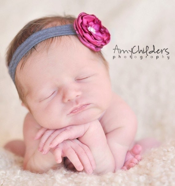 Small Fuchsia Flower on Gray Soft Headband - Baby Headband Newborn Headband Perfect for Photo Prop