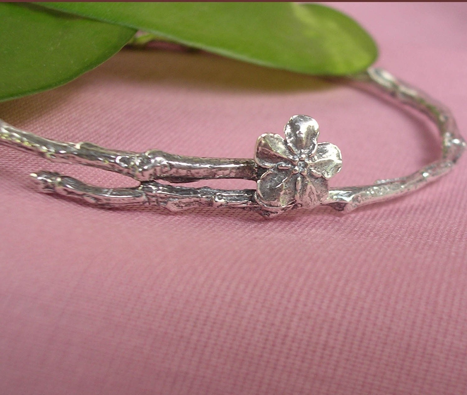 Bangle Bracelet, sterling silver, nature jewelry, wildflower, twig, Forget Me Not standard size