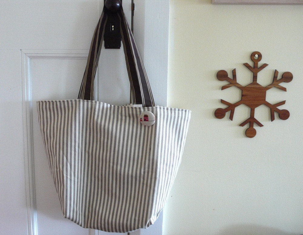 Market shopper/baby bag in Chocolate and cream ticking stripe