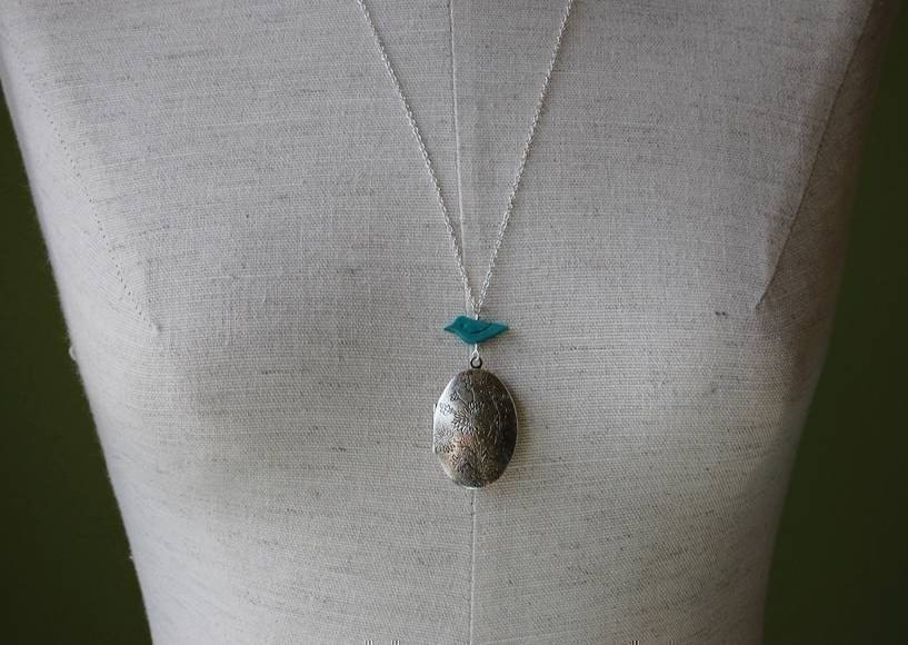 Vintage Locket and Turquoise Bird Necklace