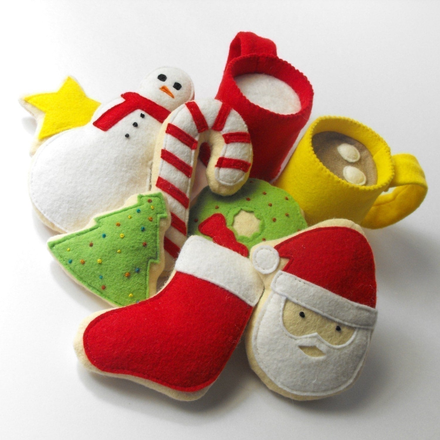 Felt Food Pattern- Christmas Cookies, Hot Cocoa and Milk (Santa, Wreath, Tree, Candy Cane, Snowman, Star, Stocking, Cocoa and Milk Mug)