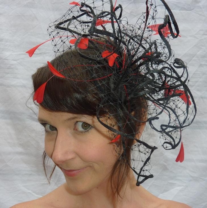 The Queen of Hearts  -  Merry Widow Veiling and Feather Fascinator