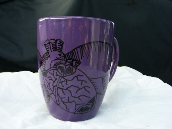 Anatomical heart with Angel Wings Purple mug handpainted