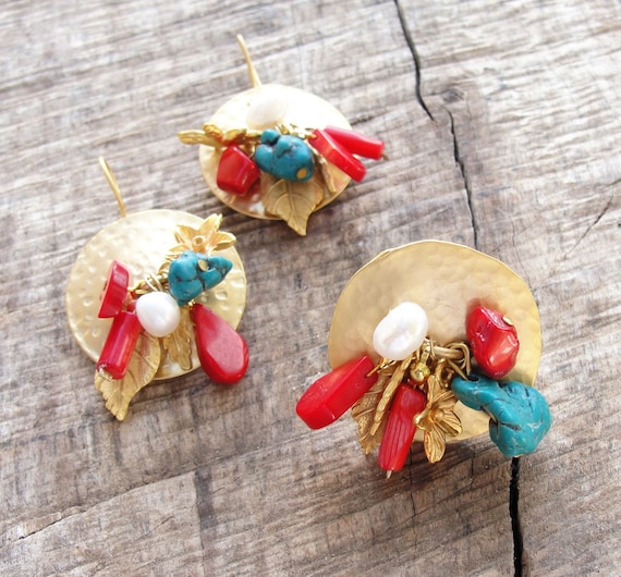 Spanish Paradise - Ring and Earrings Gold Plated - Coral, Pearl and Turquoise
