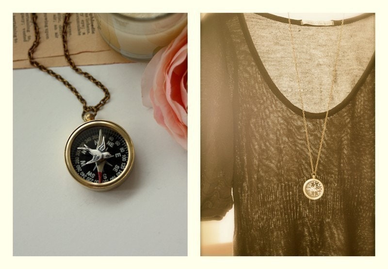 Navigating Home - A Flying Swallow, Vintage Brass Compass Long Necklace - Cute, whimsical unique - Great Gift Ideas.