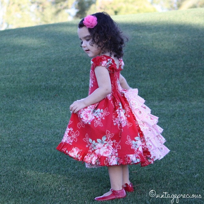 Rose Dress In Red With Pink Ruffles, Custom Boutique 18m - size 8