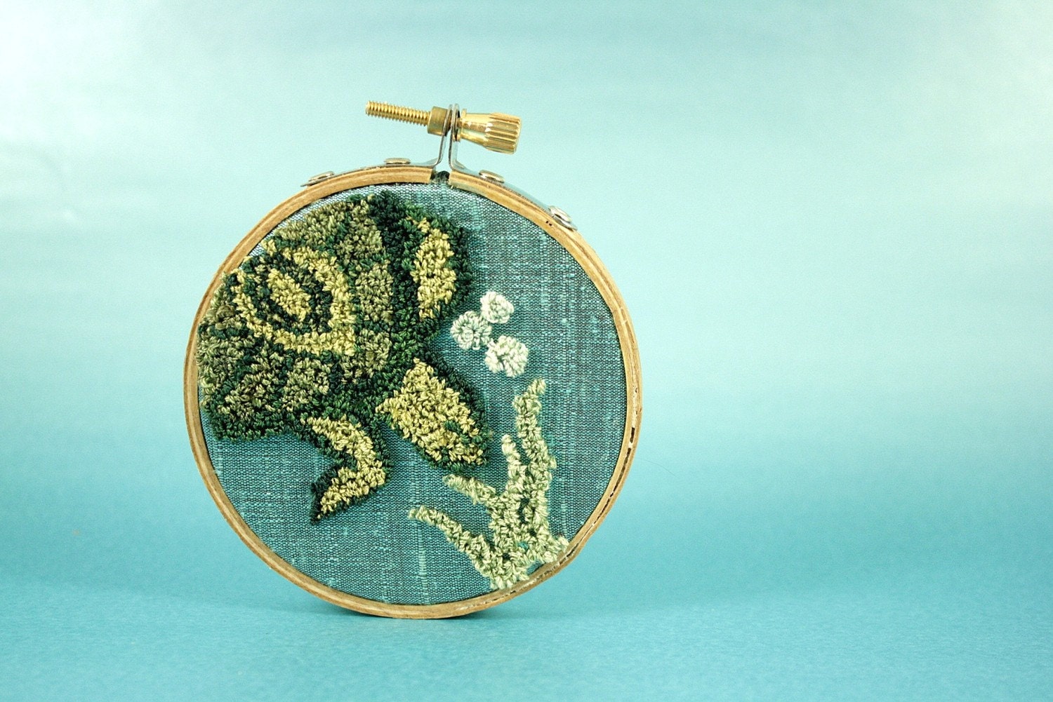 Sea Turtle Punch Needle Embroidery OOAK Wall Art 3 Inch Frame on Raw Silk by erinf115 on Etsy