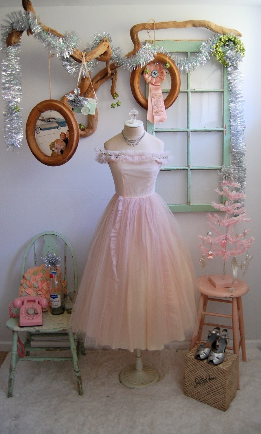 The Paige- Vintage 1950s Pale Pink Ballerina Tulle Floral Party Dress