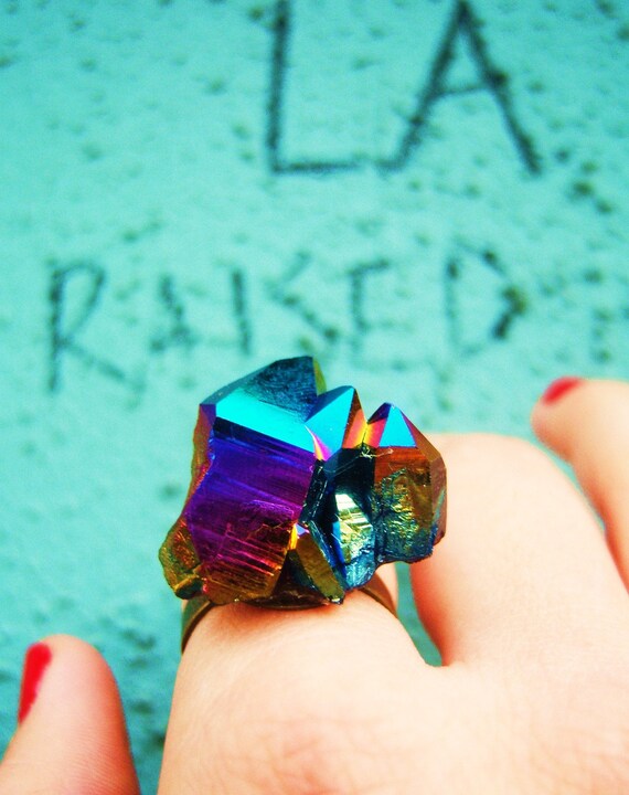 holiday Sale-L.A. Raised-Evernight-Rainbow Titanium Aura Crystal-adjustable brass ring