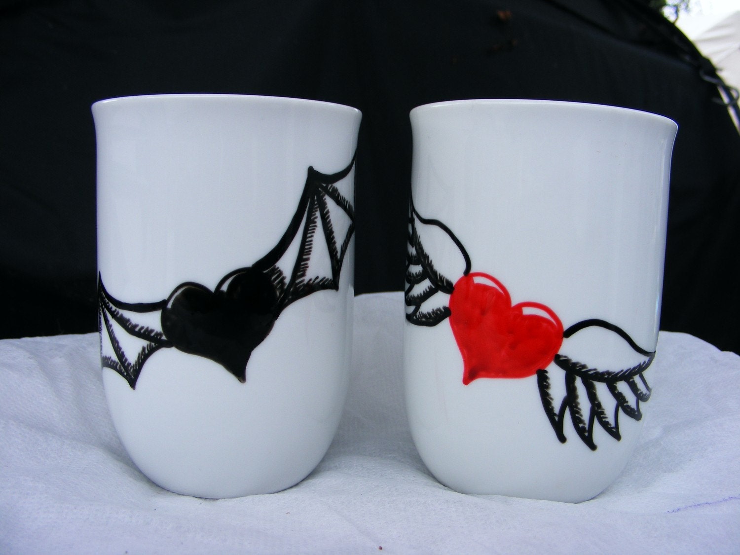 Black Red Angel & Demon Heart White Mug x2 handpainted