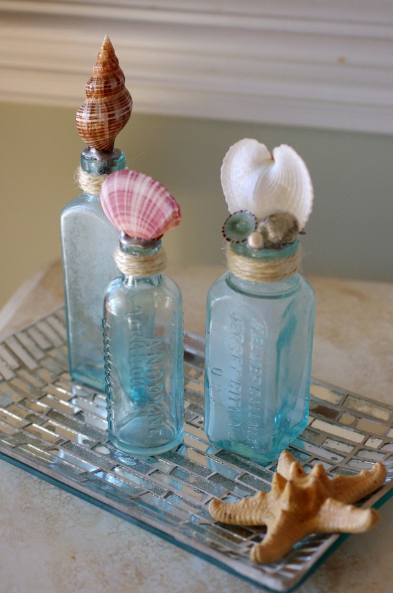 Set of 3 Vintage Aqua Glass Bottles with Seashells
