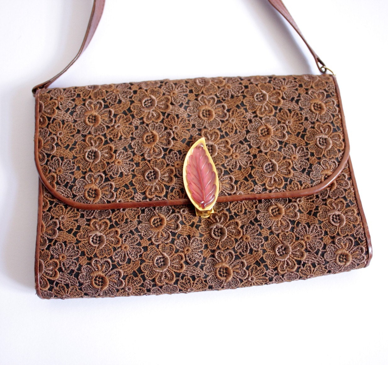 Vintage brown leather and crochet Purse Bag