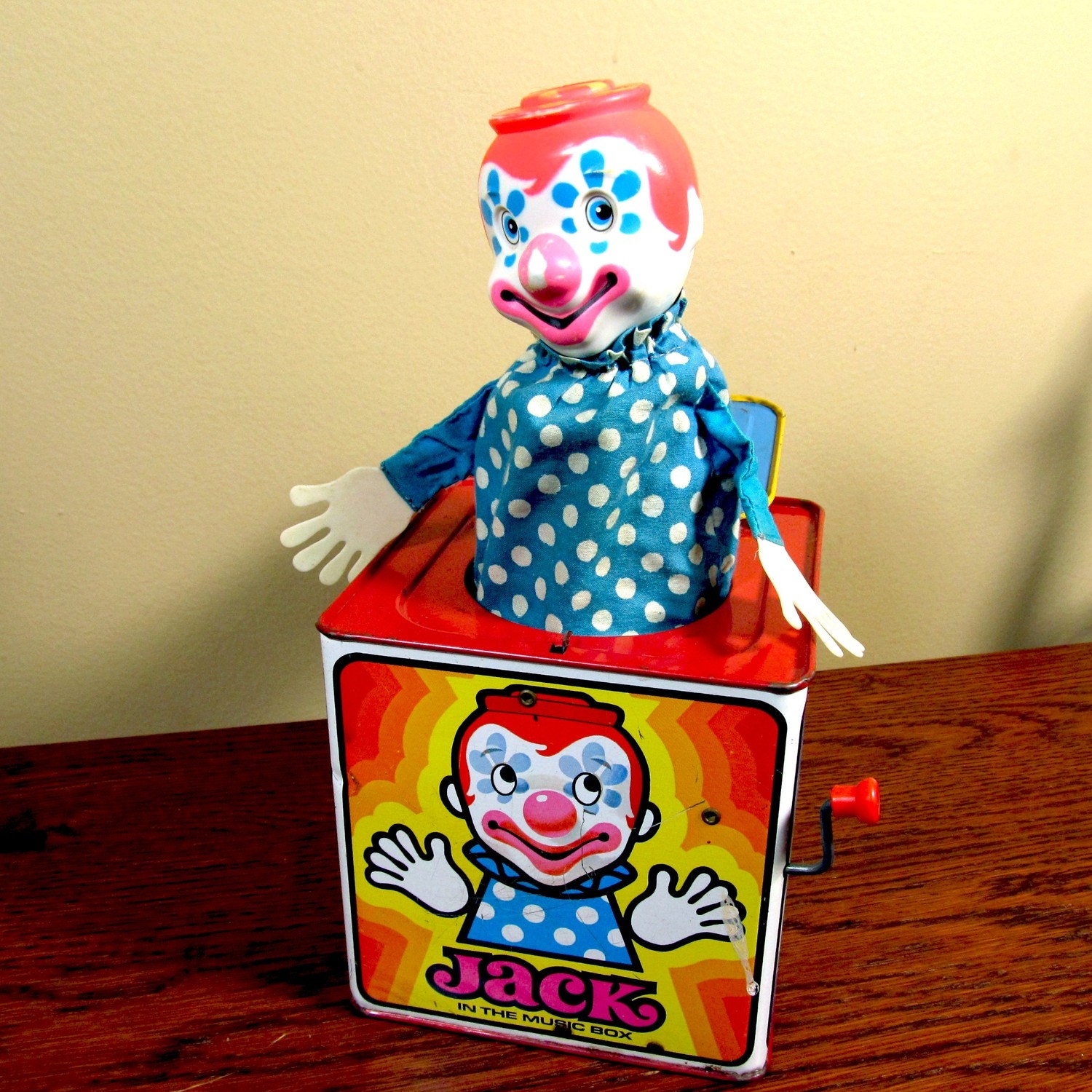 Mattel Pressed Tin Jack in the box, brightly colored and working condition