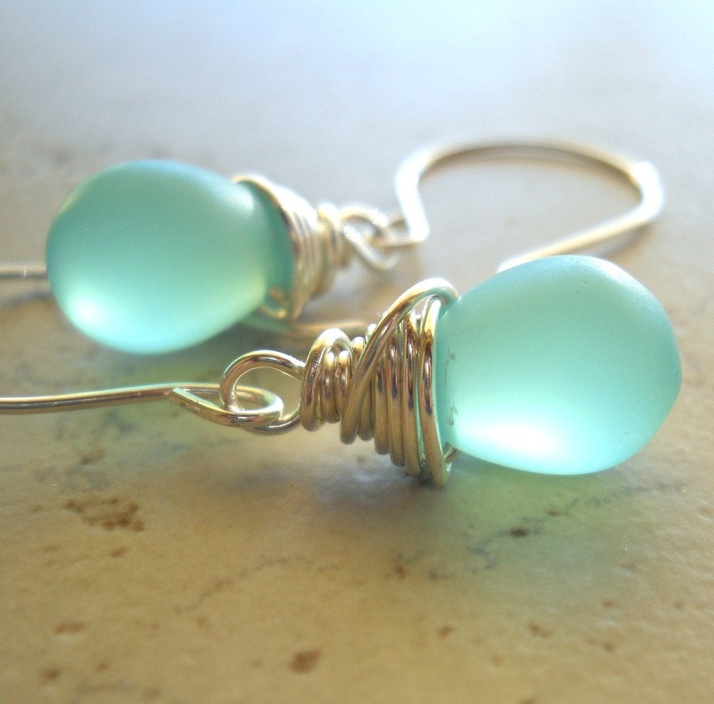 Wintergreen Earrings Sterling Silver Frosted Aqua Quartz Wire Wrapped Briolettes