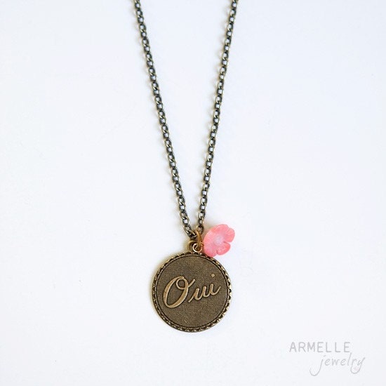oui small brass pendant necklace       .     pink coral        .
