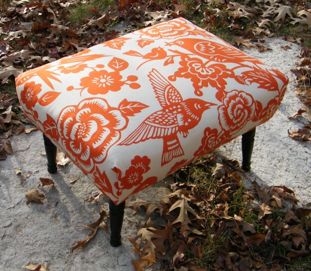 Poe Ottoman Vintage Upcycled in Aviary Designer Fabric by Thomas Paul