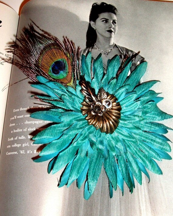 Peacock Sparrows reclaimed ooak flower turquoise hair clip