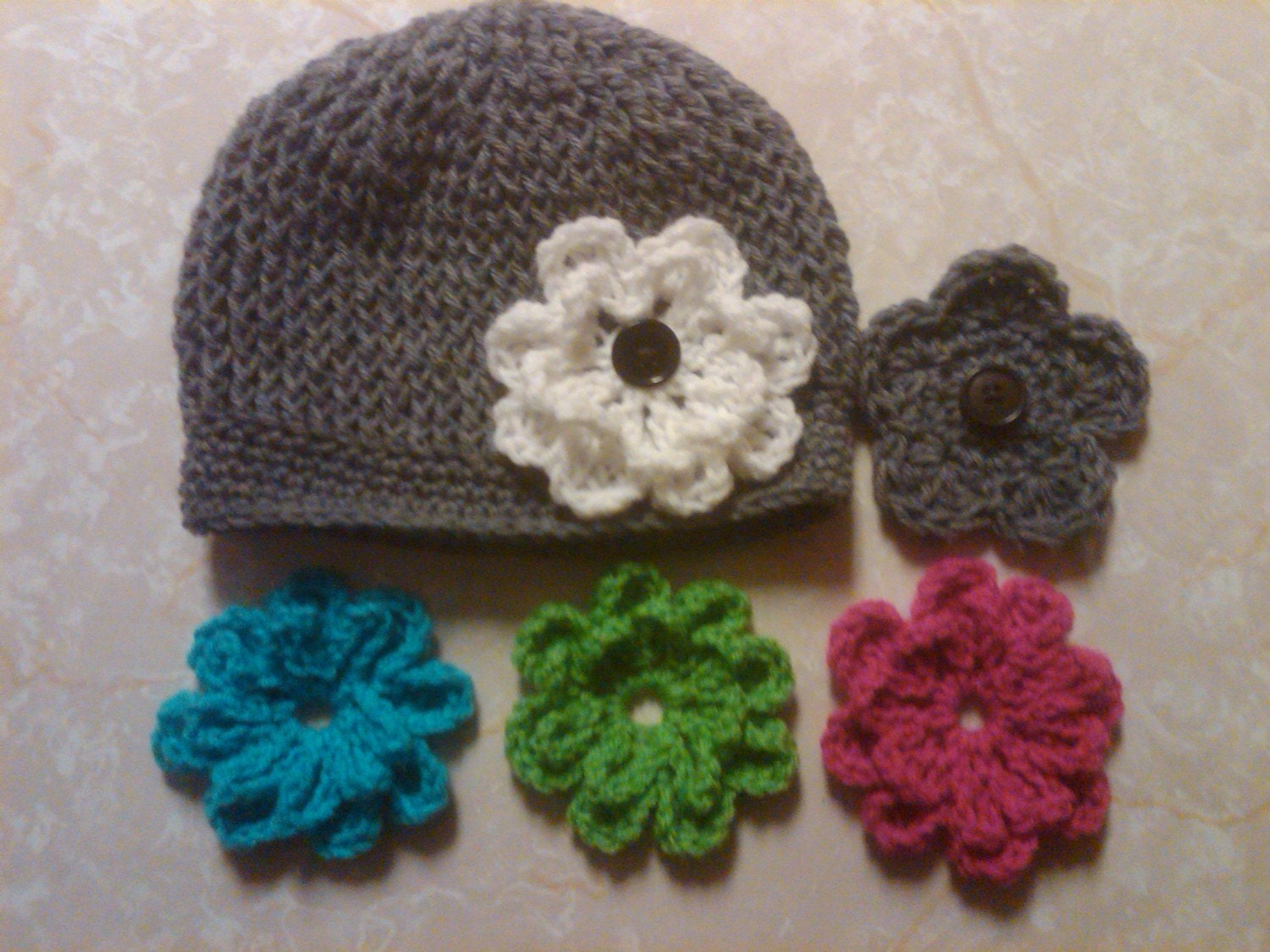 crocheted hat and hair clip with interchangeable flowers for newborns toddlers teens adult...free shipping