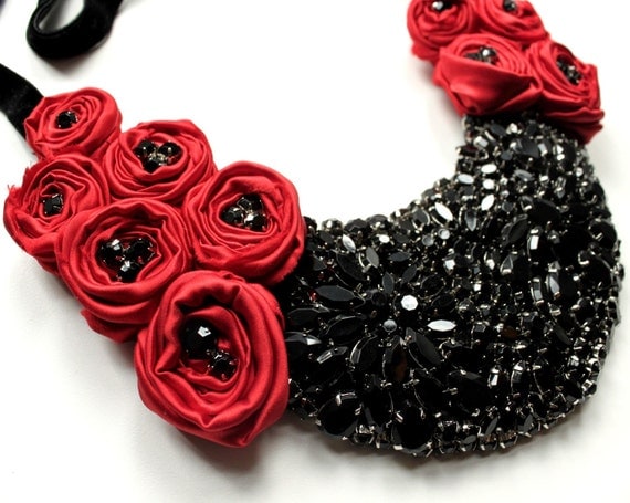 The Drama Queen - Red and Black Beaded Rosette Bib Necklace