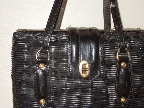 BASKET, Woven black wicker leather handbag