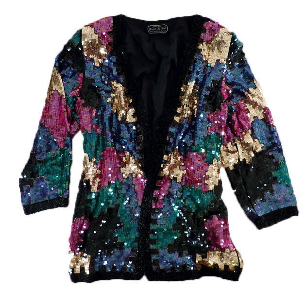 80's sequined avant garde puzzle pieces beaded glam jacket S M