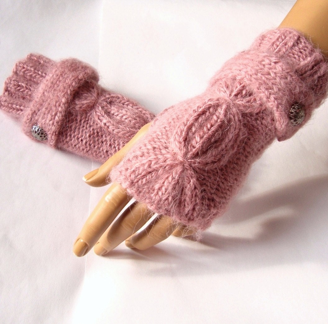 Hand Made, Knitting, Dark Pink Fingerless Glove, Mitten, Arm Warmer Adorned Button, Winter, Fall