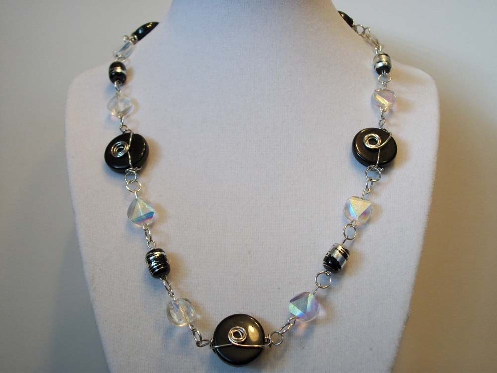 Black Wire Wrapped & Iridescent Bead Necklace