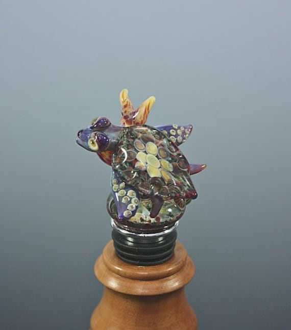 Lampwork Glass Sea Turtle Wine Bottle Stopper Topper Sculpture Collectable