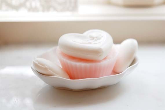 Hearts and Shea Butter Cupcake soap set for Valentines set on a porcelain dish