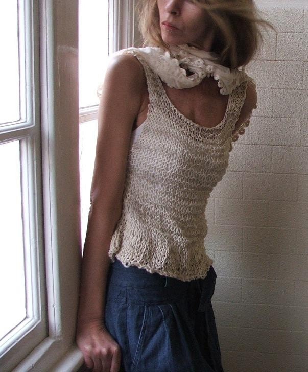 Ivory Cream Cotton and Linen loose weave summer tank, T.shirt