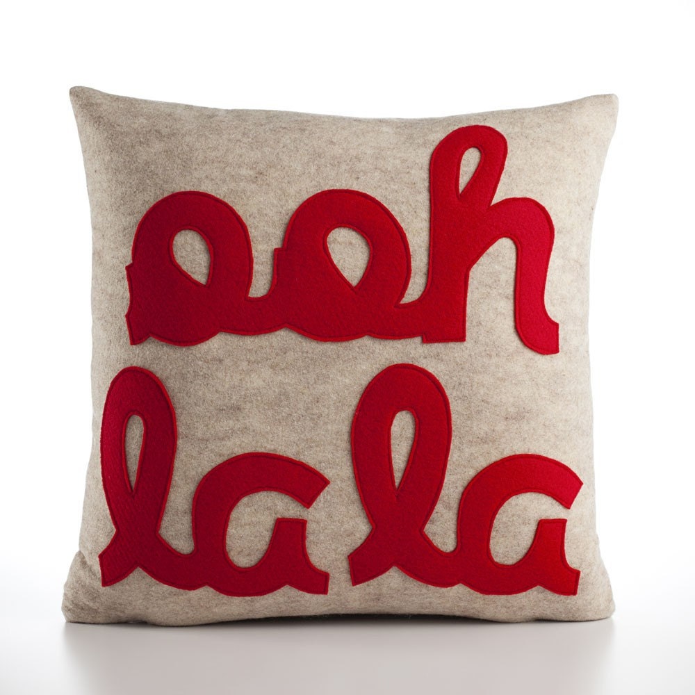 Ooh la la 16x16inch pillow recycled felt applique pillow - oatmeal and red