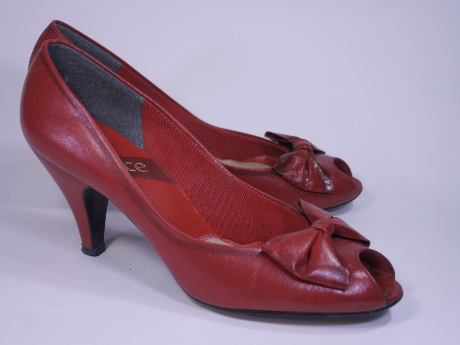 Vintage Cherry Red Peep Toe with Bow Betty Boop Pin Up Leather High Heels, Womens 7