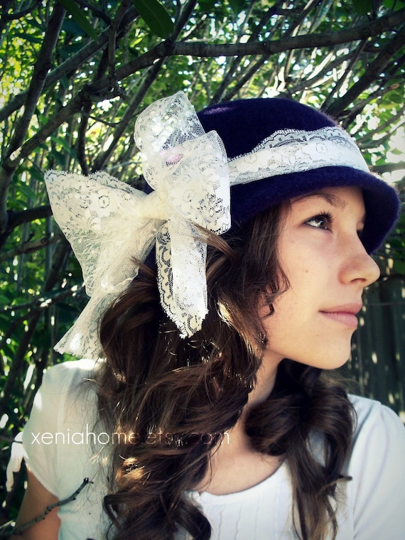 Hand Felted Cloche Hat with Large Lace Bow 100% Wool YOU PICK COLOR